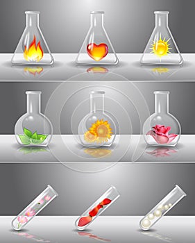 Laboratory flasks with different things inside