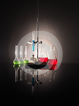 Laboratory flasks with liquid inside. science concept