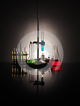 Laboratory flasks with liquid inside. science concept