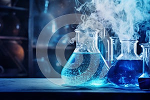 Laboratory flasks and test tubes with blue liquid and steam. Chemical background.