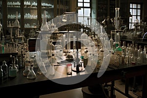 a laboratory full of test tubes, beakers, and microscopes for research and experiments