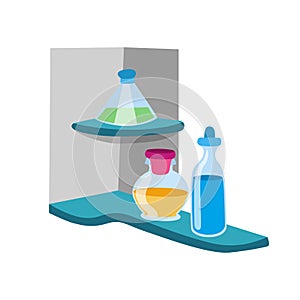 Laboratory glass flask and test tube with blue, yellow and green liquid Vector illustration on white background