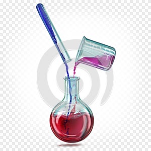 Laboratory glass flask, test tube and Ñhemical beaker with a transparent iridescent colored liquid