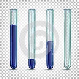 Laboratory glass tubes with a dark blue liquid of different amounts