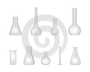 Laboratory glassware beaker 3d icon set. Chemistry glass flask isolated on white. Empty chemical lab containers. Vector