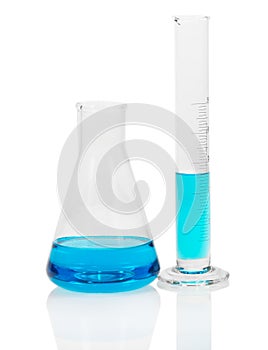 Laboratory glassware with blue liquid