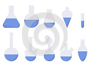 Laboratory glassware. Chemical flasks, medical test tubes icon set. Vector