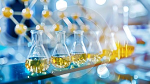 Laboratory glassware with chemical samples and molecular structure