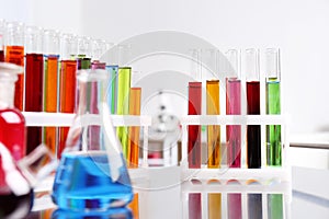 Laboratory glassware with color liquids. Solution chemistry