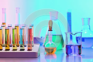 Laboratory glassware with colorfu chemicals, chemistry l