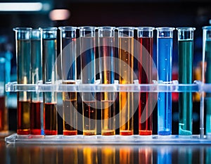 Laboratory glassware with colorful liquid in scientific laboratory