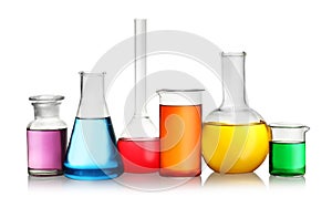 Laboratory glassware with colorful liquids