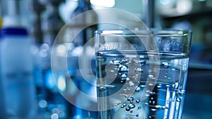 Laboratory glassware containing liquid with bubbles in a science research lab