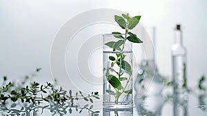 Laboratory glassware with different plants on table against blurred background AI generated