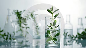 Laboratory glassware with different plants on table against blurred background AI generated