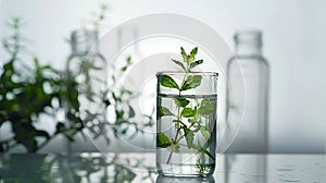 Laboratory glassware with different plants on table against blurred background AI generated