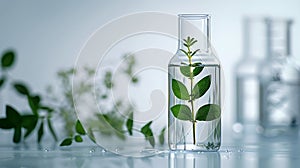 Laboratory glassware with different plants on table against blurred background AI generated