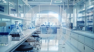 Laboratory glassware and equipment in chemical lab, science research and development concept.