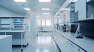 Laboratory glassware and equipment in chemical lab, science research and development concept.