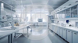 Laboratory glassware and equipment in chemical lab, science research and development concept.