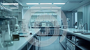 Laboratory glassware and equipment in chemical lab, science research and development concept.