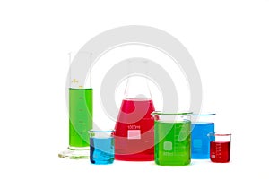 Laboratory glassware filled with colorful liquid. Isolated on white.