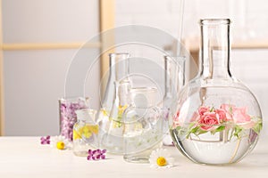 Laboratory glassware with flowers on white wooden table. Extracting essential oil for perfumery and cosmetics