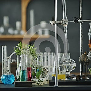 Laboratory Glassware on a Metal Table