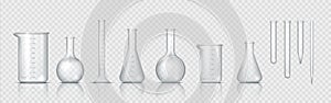 Laboratory glassware. Realistic lab beaker, glass flask and other chemical containers, 3D measuring medical equipment