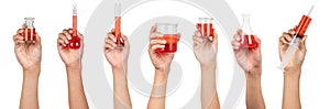 Laboratory glassware with red water liquid holding in boy hand isolated on white background. Experiment red water in beaker, flask