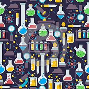 Laboratory glassware seamless pattern, vector illustration. Chemistry lab research icons in flat style, chemical flask