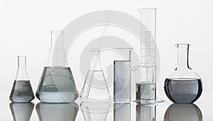 Laboratory bottles - test tubes and beakers - on white