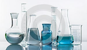 Laboratory bottles - test tubes and beakers - on white