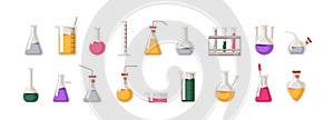 Laboratory glassware set. Lab flasks, beakers, test tubes for chemistry science. Glass containers, chemical liquids