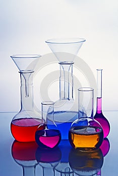 Laboratory glassware with solution colorful