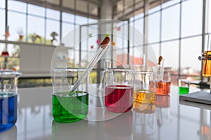 The laboratory glasswares, scientific glasswares or beakers with different color liquid was set on the white table in the