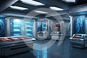 Laboratory for growing synthetic meat with refrigerators for storing the finished product, future food