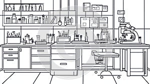 Scientist's Laboratory Bench with Microscope and Equipment