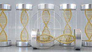 Laboratory jars with gold DNA molecule models. Genetics related conceptual 3D rendering