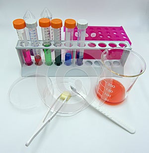 Laboratory labware for science experiments, white background