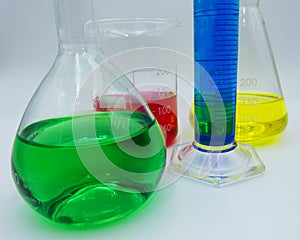 Laboratory labware for science experiments, white background