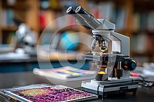 Laboratory Microscope with Cell Diagram in Science Classroom