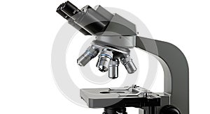 Laboratory microscope featuring multiple objective lenses, a rotating turret, and
