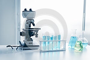 Laboratory microscope of healthcare and medicine researcher scientist with lab equipment tools on the table., Science technology