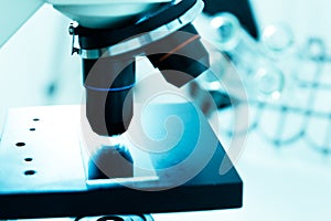 Laboratory microscope lens.Laboratory room