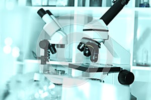 Laboratory microscope lens.Laboratory room