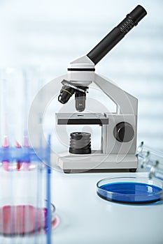 Laboratory microscope lens.modern microscopes in a lab.