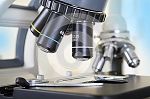 Laboratory Microscope. Scientific and healthcare research background.