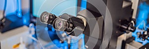Laboratory Microscope. Scientific and healthcare research background coronavirus BANNER, LONG FORMAT