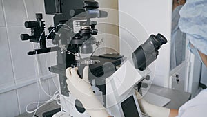 Laboratory microscope. Scientific research background. Medical research in the laboratory. Laboratory of artificial